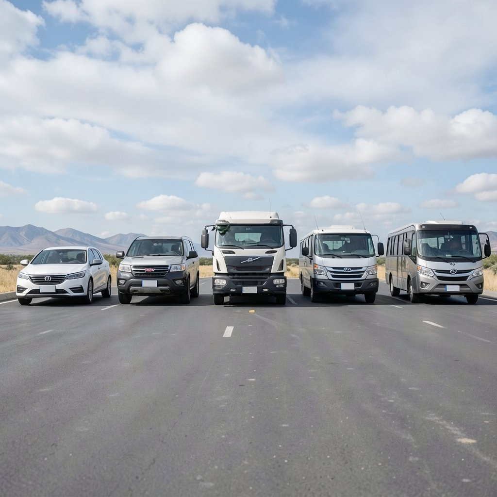 Different vehicle types lined up as a mixed fleet