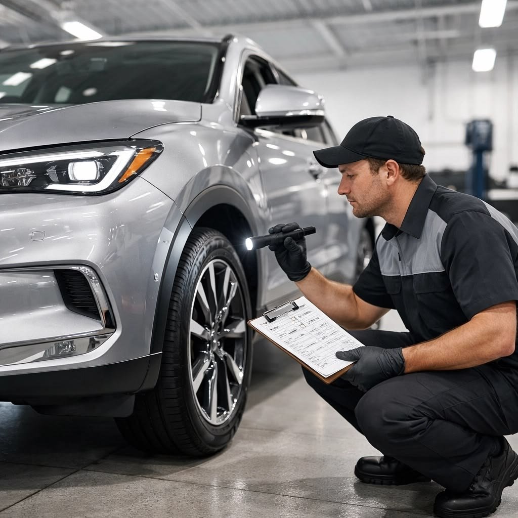 Technician inspecting a vehicle in a workshop